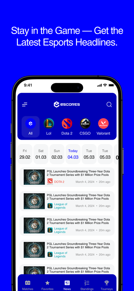 Escores Stats mobile app news feed showing latest esports headlines and game categories