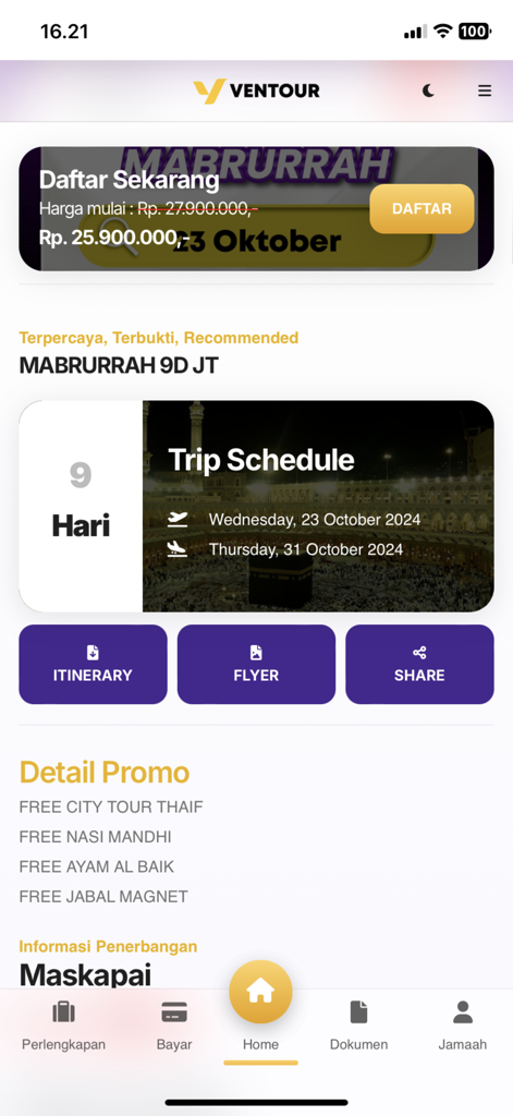 Ventour Mobile - Ventour Mobile app screen displaying Umrah travel package details with a 9-day trip schedule and booking options.