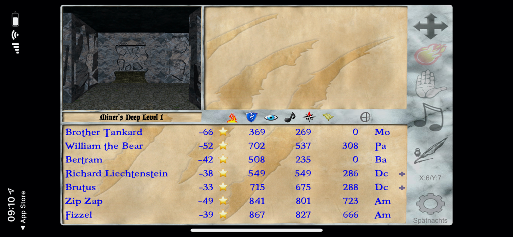 Silversword - First-person dungeon exploration and party status screen in Silversword RPG showing character classes and stats on parchment UI