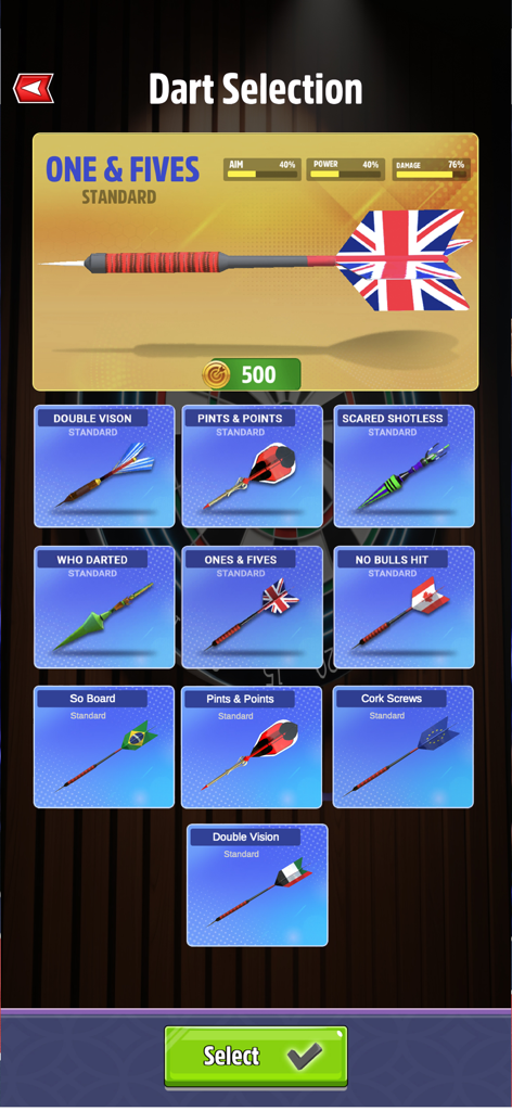 Dart Games 3D: Arrow Master - Menú de selección de dardos en Dart Games 3D Arrow Master mostrando varios diseños y estadísticas de dardos