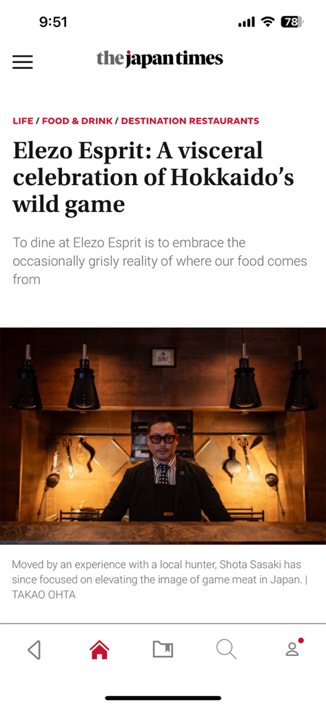 The Japan Times app showing a lifestyle article about Hokkaido wild game cuisine