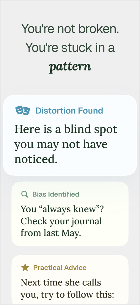 Elomia: Mental Health AI - Elomia AI app interface explaining cognitive distortions and identifying mental patterns