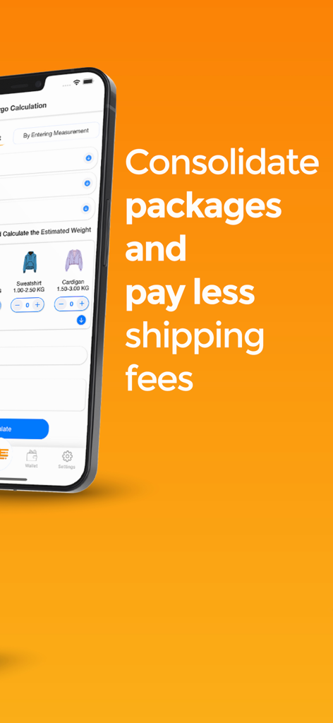 Yollando Global Shopping - A mobile screen showing the package consolidation feature of the Yollando app to reduce international shipping fees.