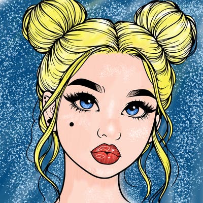realistic girl with two buns on her hair and lips