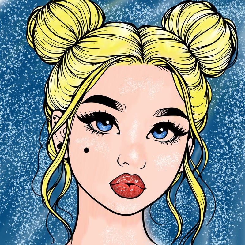 realistic girl with two buns on her hair and lips