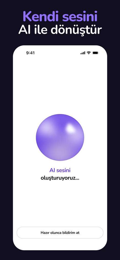 Una interfaz móvil de Songify que muestra el proceso de generación de voz con IA con una esfera brillante morada y un botón de notificarme cuando esté listo.