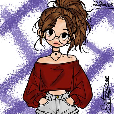 girl with a messy ponytail glasses a baggy crop top and jean shorts