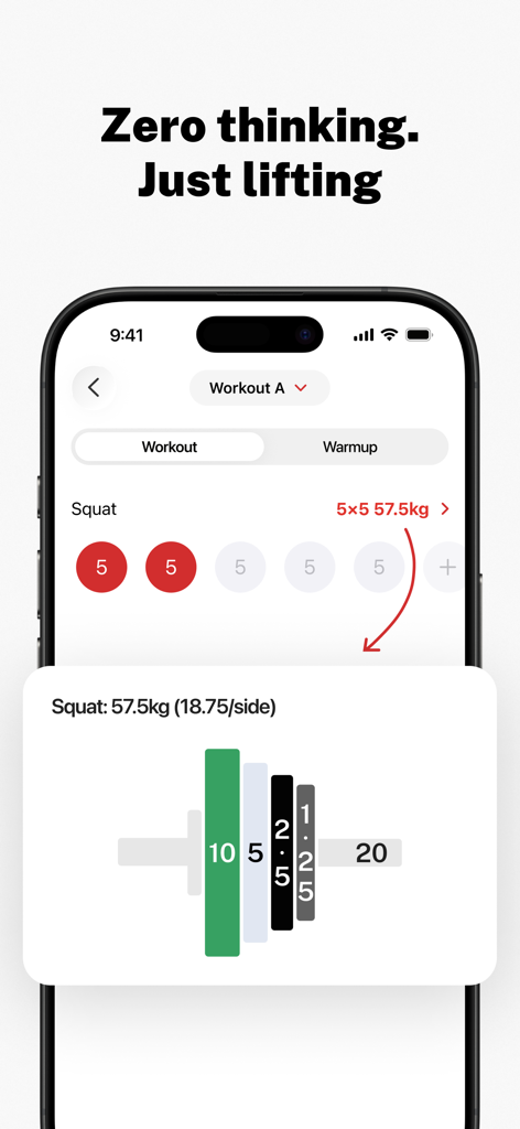 Interfaz de la aplicación Stronglifts 5x5 que muestra una calculadora de discos de pesas para sentadillas.