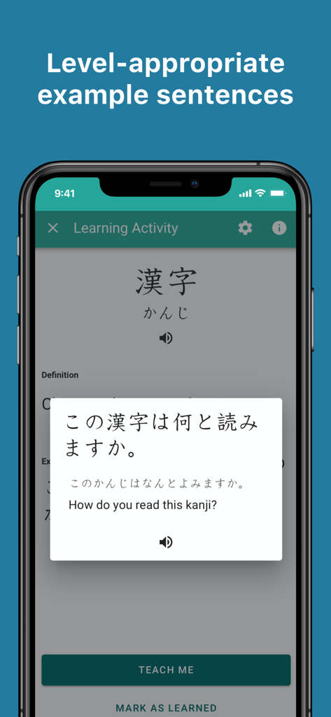 Skritter app displaying a Japanese Kanji learning activity with a level-appropriate example sentence.