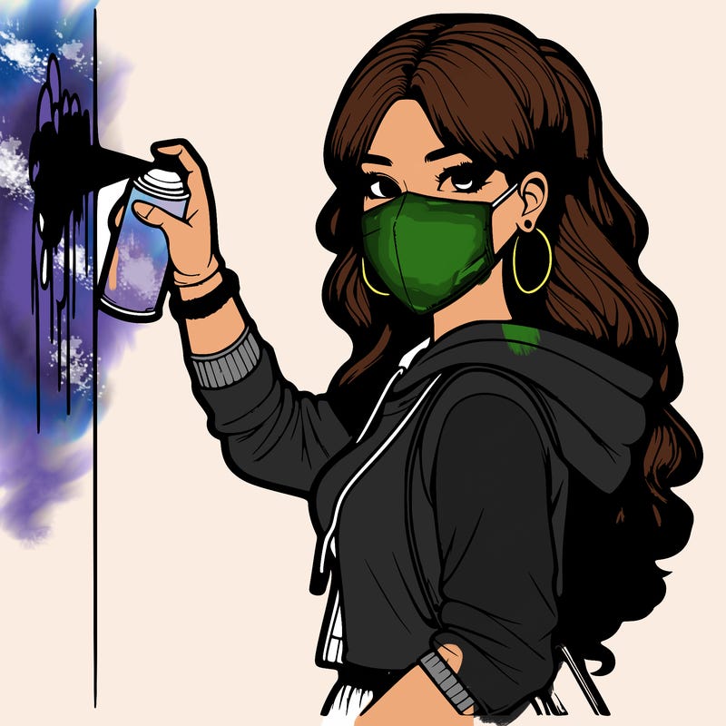 realistic girl with mask spray painting a wall