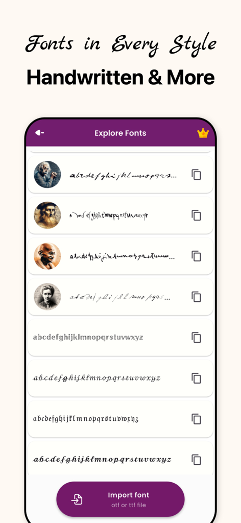 さまざまな手書きフォントスタイルのリストと、カスタムフォントファイルのインポートオプション