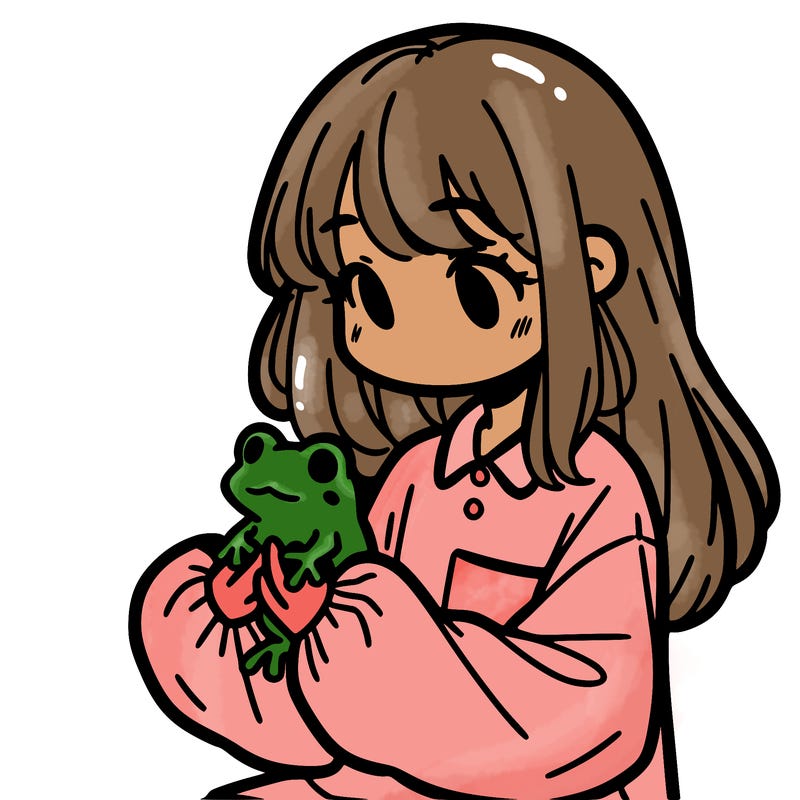 girl with long hair and a oversized shirt. and she is holding a frog