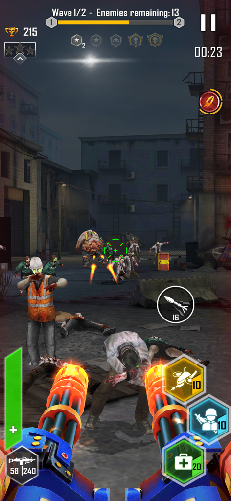 Zombie Hunter: Shoot or Dead - First-person perspective of a player shooting zombies with a heavy dual minigun in an urban street setting.