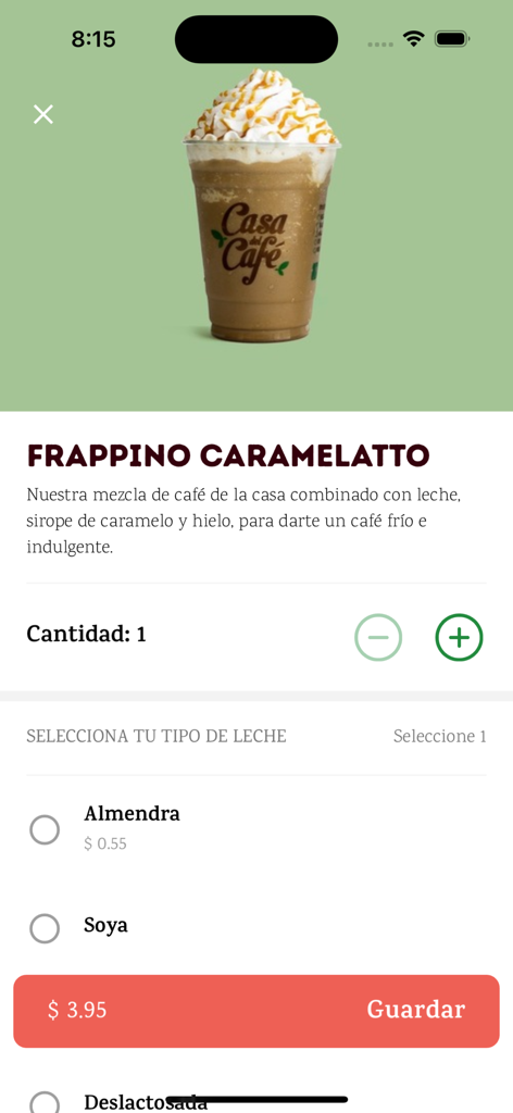 Casa del Café - Customizing a Frappino Caramelatto drink in the Casa del Cafe app