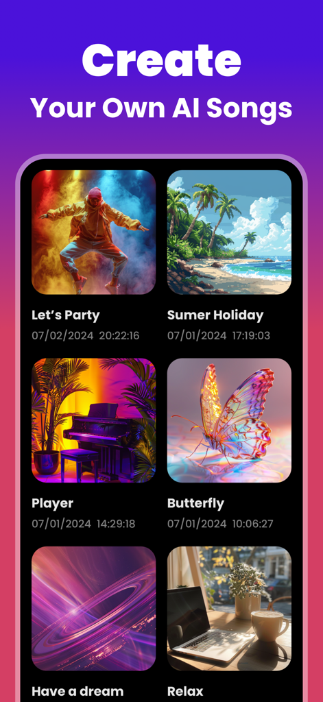 AI Song Writer 2.0 - Interface of the AI Song Writer app showing a grid of generated music tracks with colorful cover art and titles like Let's Party and Summer Holiday.