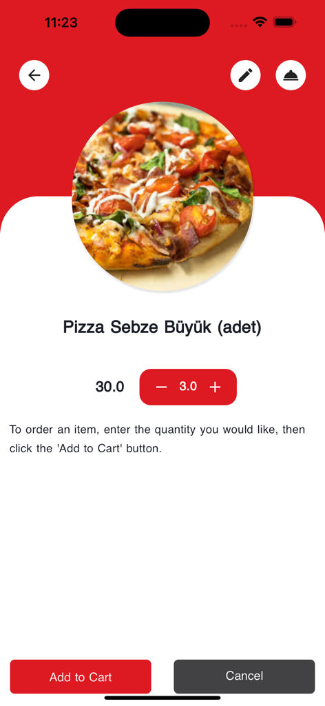 Phenix Smart Waiter mobile interface displaying a vegetable pizza with quantity selection and add to cart button