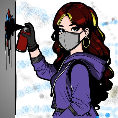 realistic girl with mask spray painting a wall