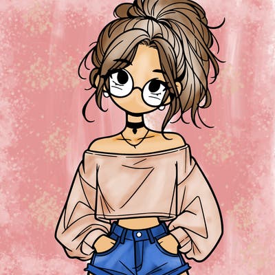 girl with a messy ponytail glasses a baggy crop top and jean shorts