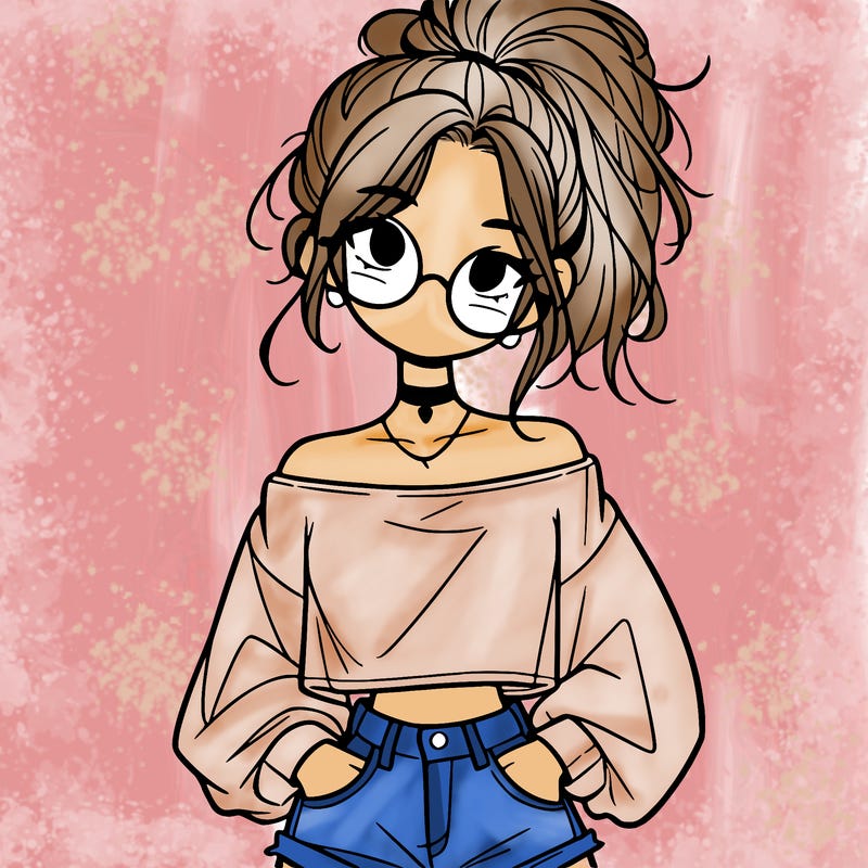 girl with a messy ponytail glasses a baggy crop top and jean shorts