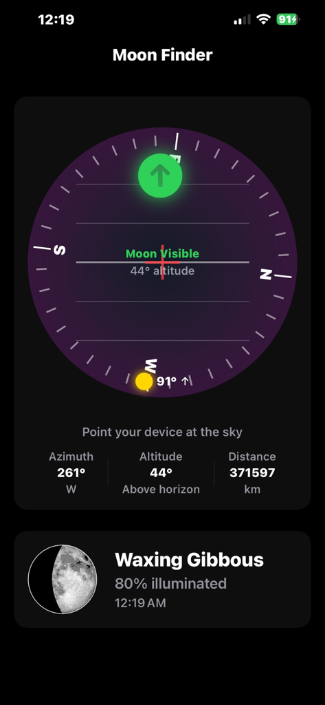Moon Finder: Moonrise Widget - Interactive Moon Finder app screen displaying a compass, green directional arrow, and Waxing Gibbous lunar phase data