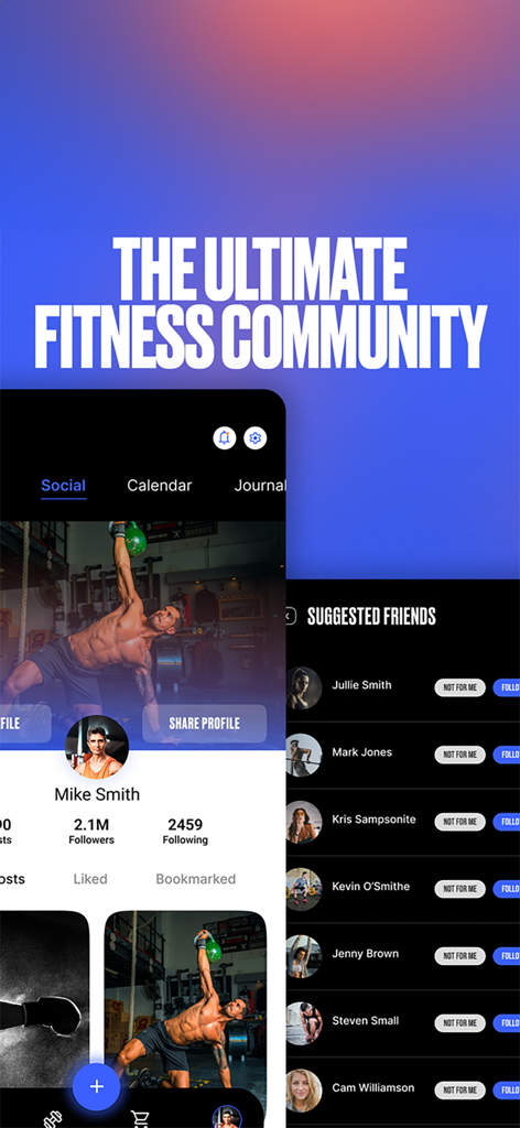 Screenshot of the Bodybuilding.com app social feed showing a user profile and suggested friends list under the heading The Ultimate Fitness Community