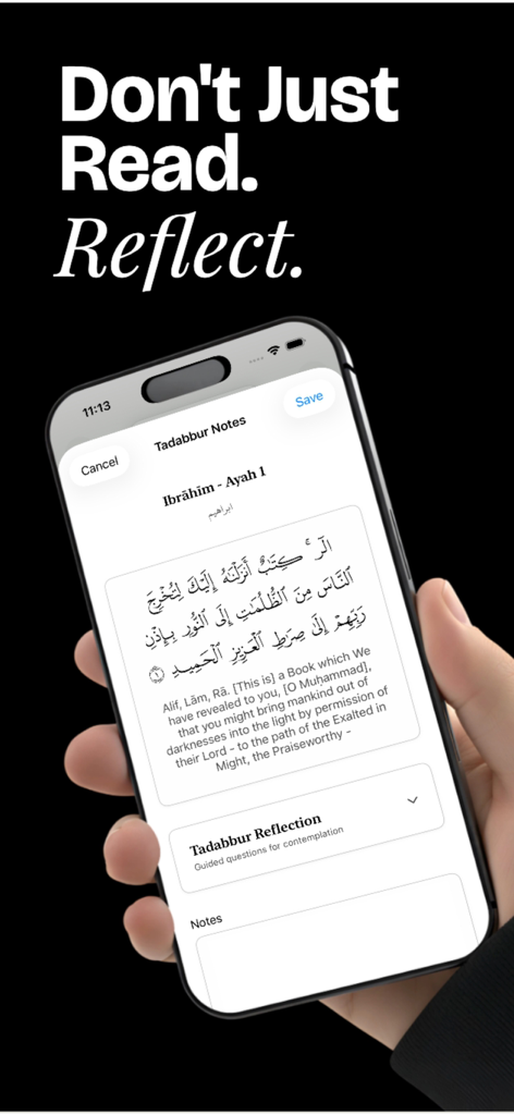 QuranScroll - A smartphone displaying the Tadabbur Notes feature in the QuranScroll app where users can write personal reflections on Quranic verses.