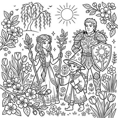 Embark on a magical journey with this enchanting coloring page featuring beloved fantasy characters amidst a vibrant spring landscape. Bring this scene of elves, wizards, and knights surrounded by blooming flowers to life with your favorite colors.