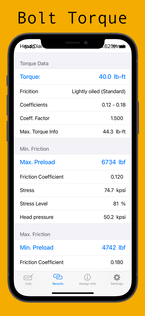 Bolt Torque - Bolt Torque app interface showing technical calculation results for tightening torque, preload, and stress levels