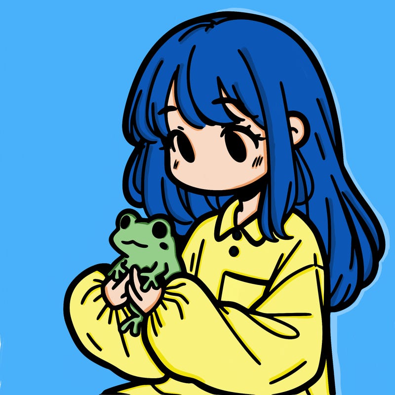 girl with long hair and a oversized shirt. and she is holding a frog