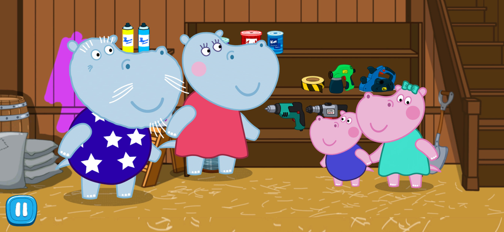 Funny Supermarket game - Hippo family characters standing in a hardware store with tools on the shelf