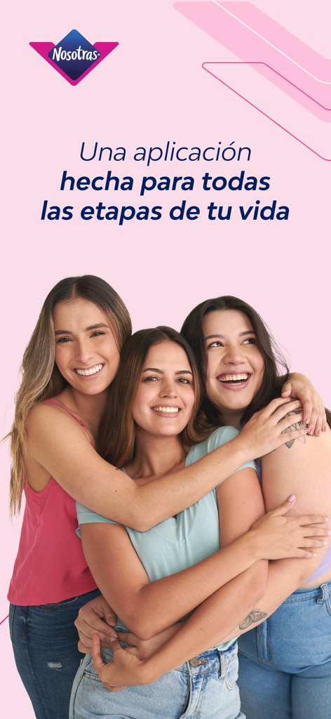 Nosotras V-App - Three diverse women smiling and hugging with Spanish text saying an app for all stages of life