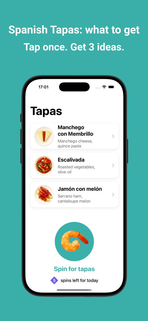 Tapas Spinner - Una interfaz de aplicación móvil que muestra tres sugerencias de tapas españolas, incluyendo queso Manchego y jamón Serrano, con un botón de giro.