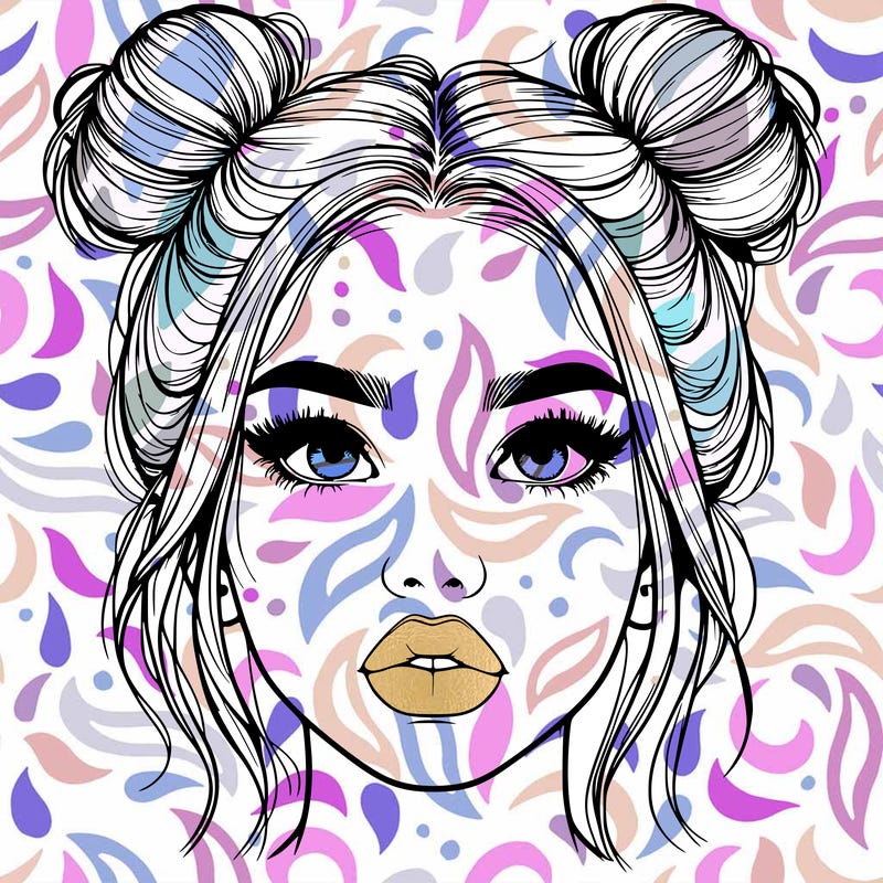 realistic girl with two buns on her hair and lips