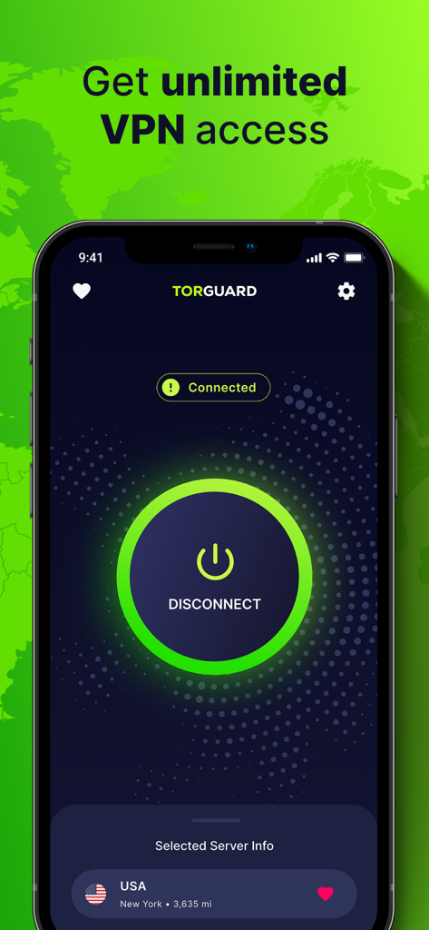 TorGuard VPN app interface on iPhone showing a successful connection to a server in New York USA.