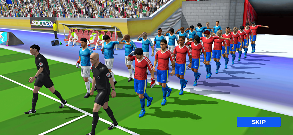 Football Game 2025: Super Kick - Two soccer teams walking onto the stadium pitch led by referees at the start of a match.