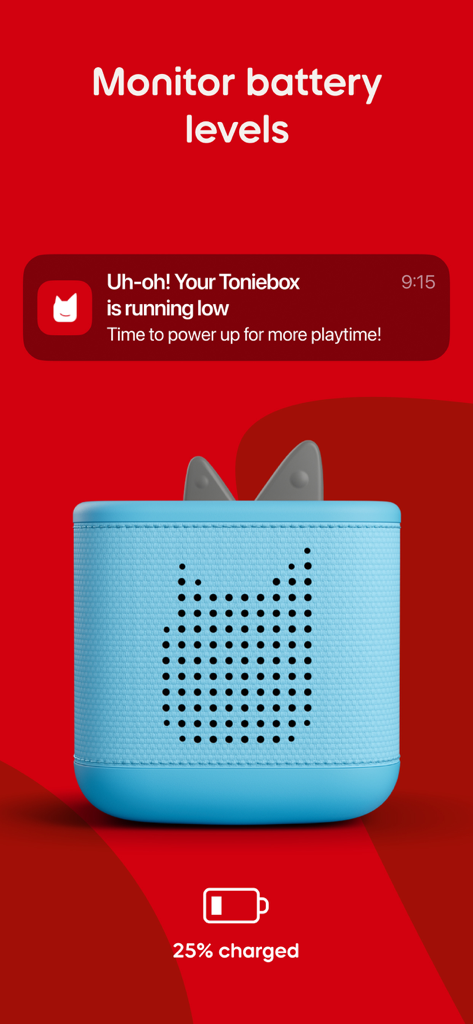 A screenshot of the tonies app interface showing a low battery notification for the Toniebox with a 25 percent charge status