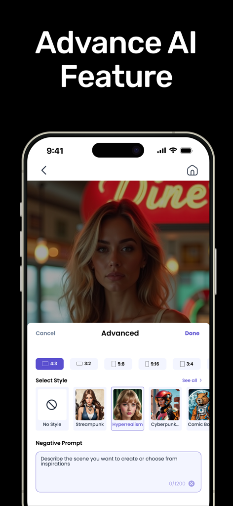 AI Art & Image Generator - スタイル選択やアスペクト比の設定など、高度な画像生成オプションを示すAIアプリのインターフェース