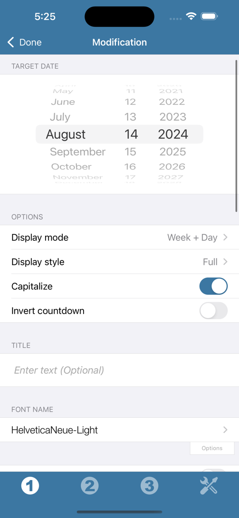 Date Countdown Widget - Settings interface for customizing a countdown widget including target date selection and font options