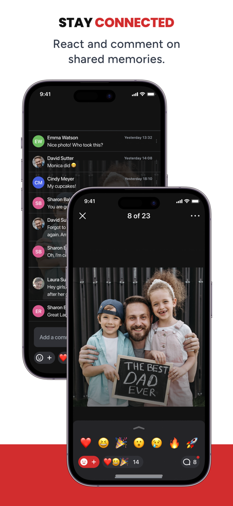 Interface of PhotoCircle app showing users reacting and commenting on a shared family photo.