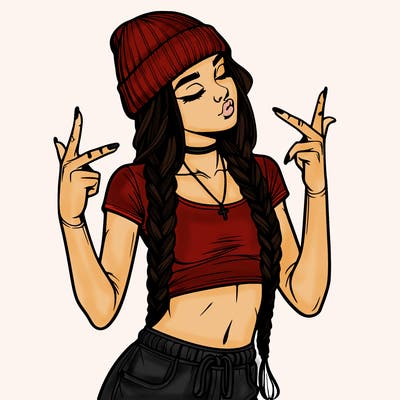 realistic teenage girl with braids and a beanie and crop top doing 🫶🏼