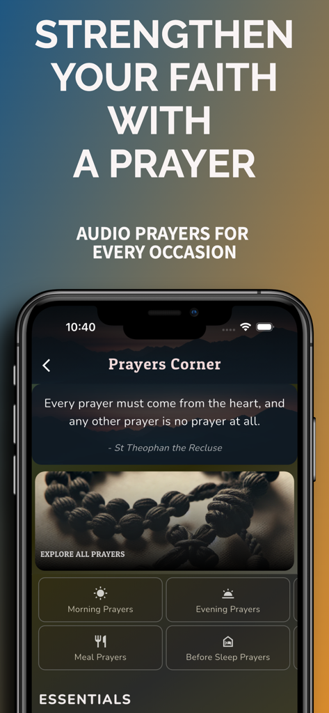 Orthodox Bible - 정교회 성경 앱 기도 코너 화면, 아침, 저녁, 식사 기도 카테고리 포함