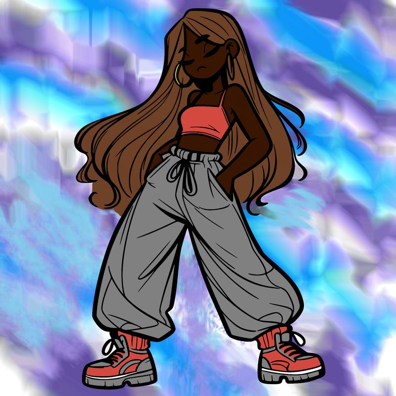 girl in baggy pants crop top and long hair