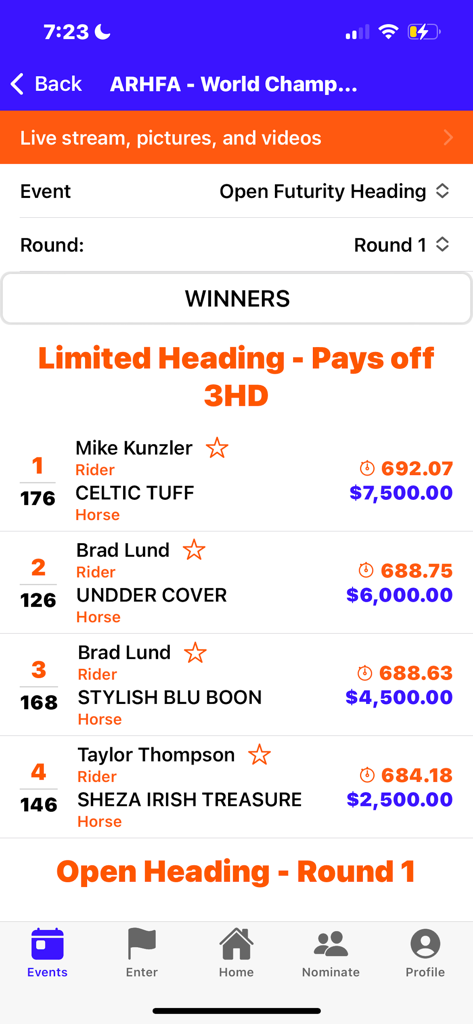 NextGenRodeo app screen showing rodeo event winners with rider and horse names, scores, and prize money payouts