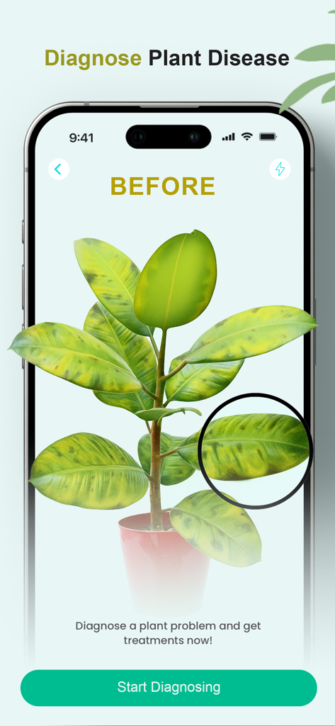 Plant Disease Diagnosis App - Interfaz de smartphone mostrando una planta de interior enferma con un botón para iniciar un diagnóstico