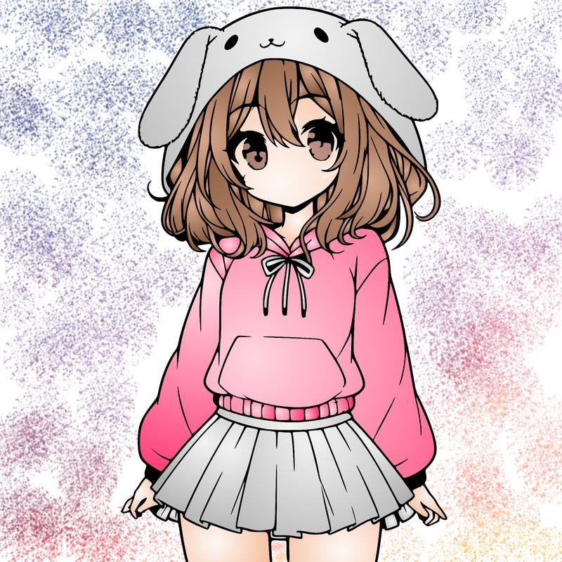 pretty anime girl wearing a fluffy hoodie with bunny ears on the hood and a skirt