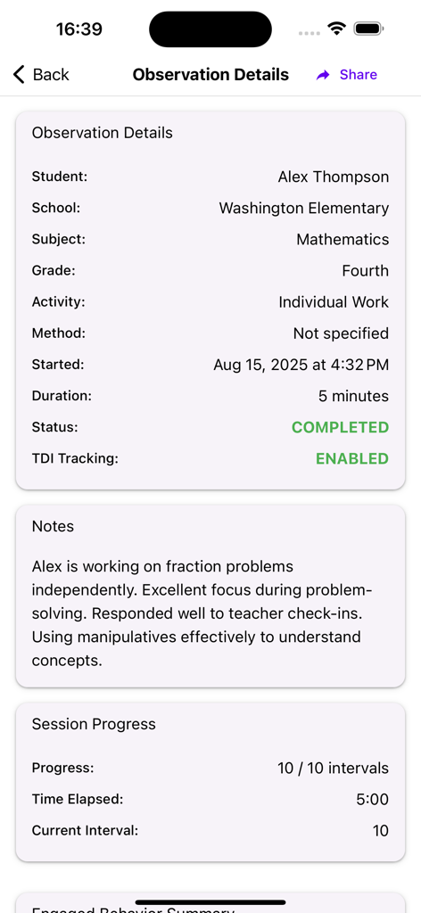 Behavior Observation: BOSS - Screenshot of the BOSS app showing detailed student observation results including school name, activity, and qualitative notes for a completed session.