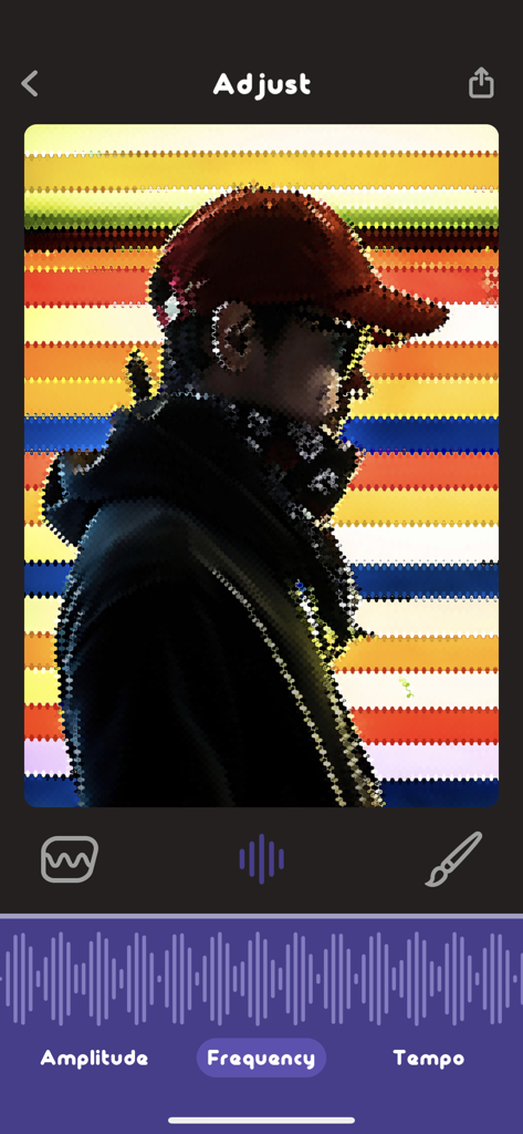 예술적인 사진 애니메이션에 대한 주파수 및 진폭의 미세 조정 컨트롤을 보여주는 Animatix 앱 인터페이스