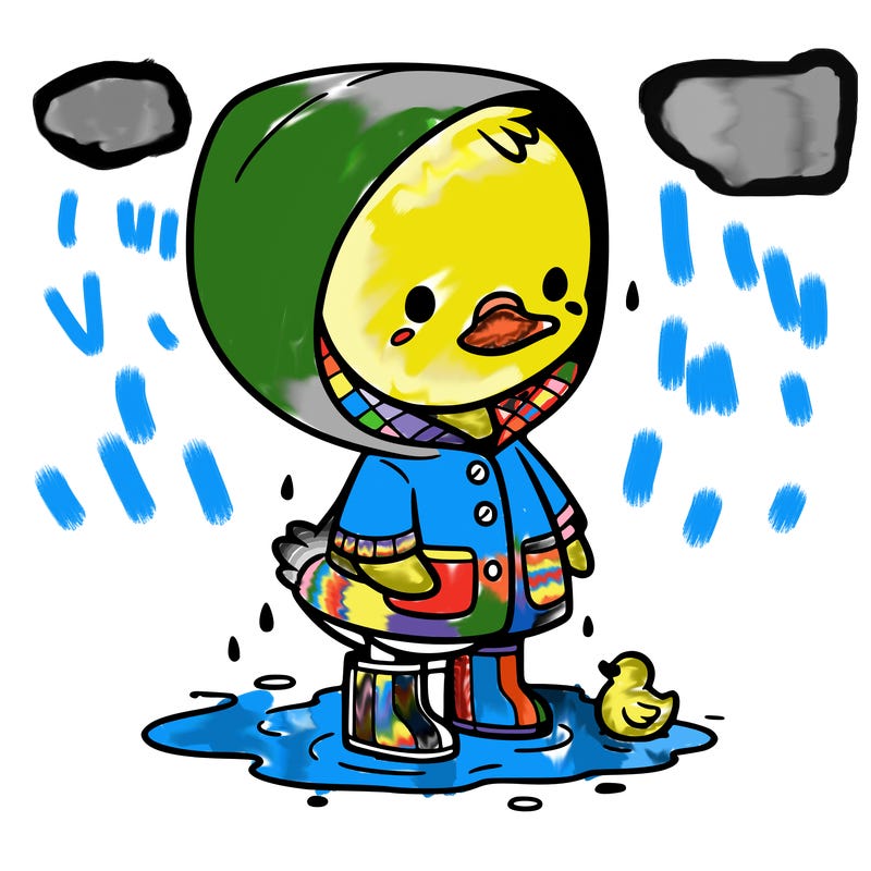 baby duck in a rain coat and boots, in a puddle while it’s raining