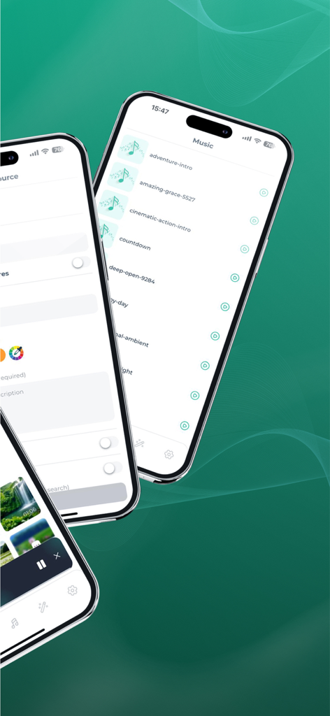 Interface de l'application MonPlayer sur iPhone montrant les listes de lecture de musique et les écrans de gestion des sources multimédias.
