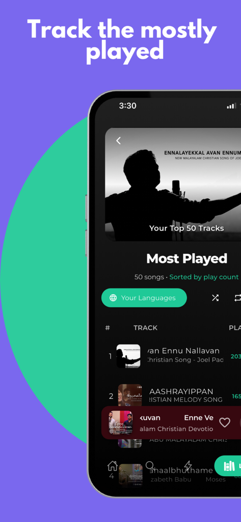 GloryfyMusic: Praise & Worship - Interfaz de la aplicación GloryfyMusic que muestra las 50 canciones de alabanza y adoración más reproducidas.